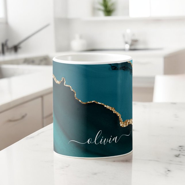 Caneca De Café Água Turquesa Azul Verde Ágata Geodo Monograma Dou (Criador carregado)
