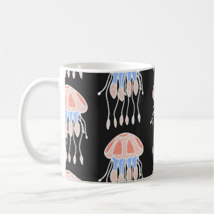 Caneca De Café Água-viva pintada à mão, padrão vibrante de safra.