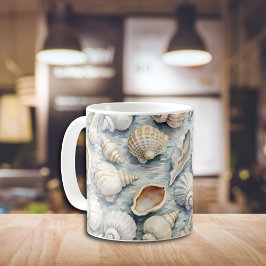 Caneca De Café Aguamarinha Suave Concha de Mar Pintura em Aquarel