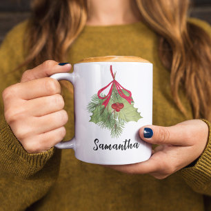Caneca De Café Aguarela de Natal Folhas de Azevinho Bagas Verdura
