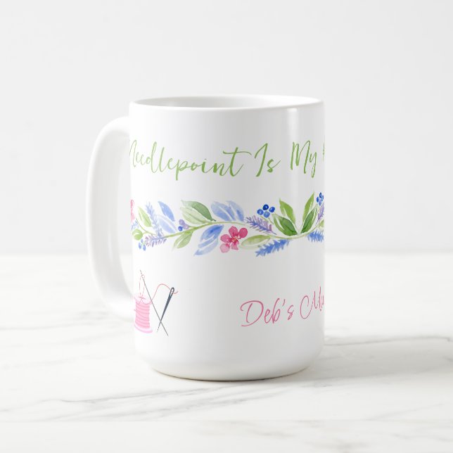 Caneca De Café Aguarela Floral Agulha Lugar Feliz NOME (Frente Esquerda)