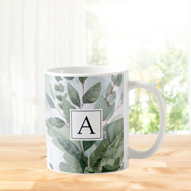 Caneca De Café Aguarela Monogramada Folhagem Rústica Sage (In situ Kitchen table)