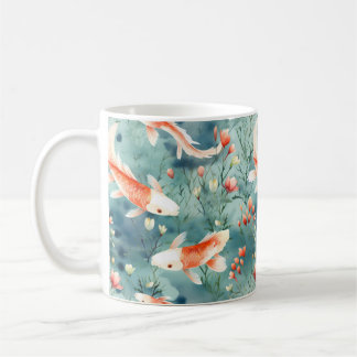 Caneca De Café Águas Tranquilas: Padrão De Peixe Koi De Aquarela