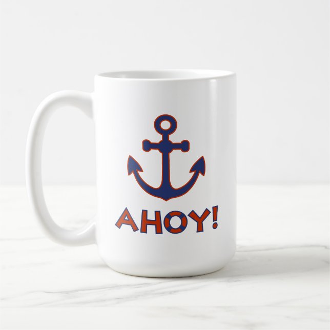 Caneca De Café AHOY! Boia + Design de Âncora Vermelho+Azul (Esquerda)