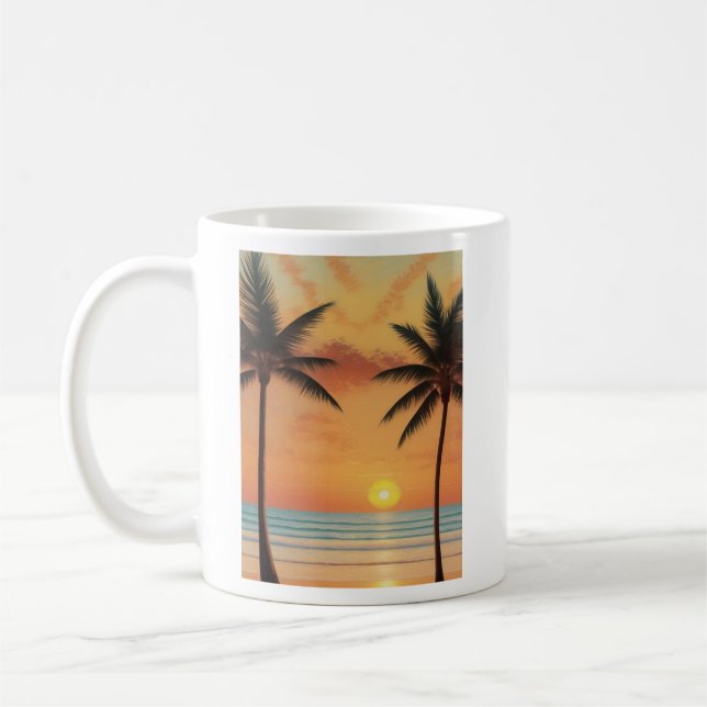 Caneca De Café AI Art Morning Sunrise Beach Palm Trees (Esquerda)