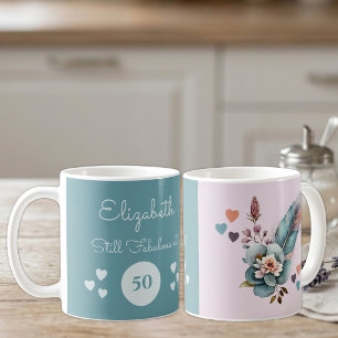 Caneca De Café Ainda fabulosa aos 50 anos, floral verde rosa