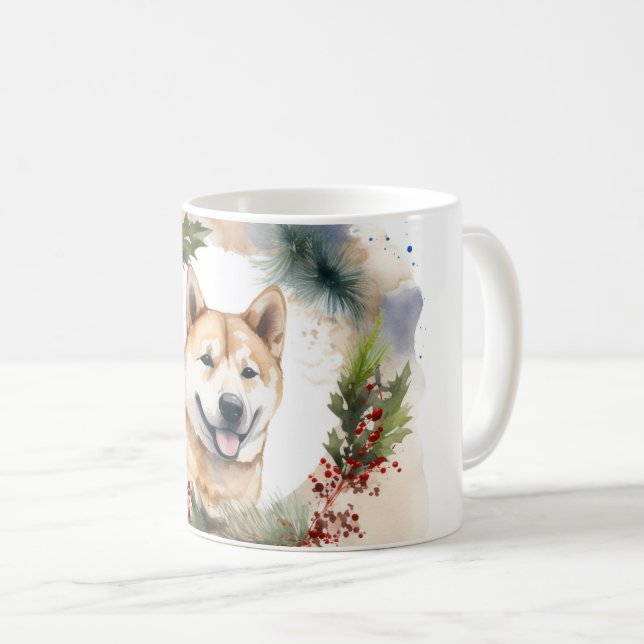 Caneca De Café Akita Christmas Wreath Festivo Pup (Frente Esquerda)
