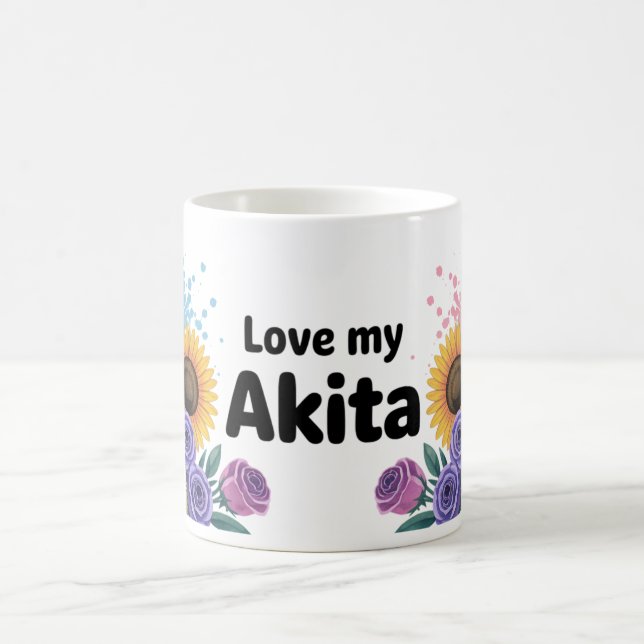 Caneca De Café Akita Dog com Girassóis e Rosas (Centro)