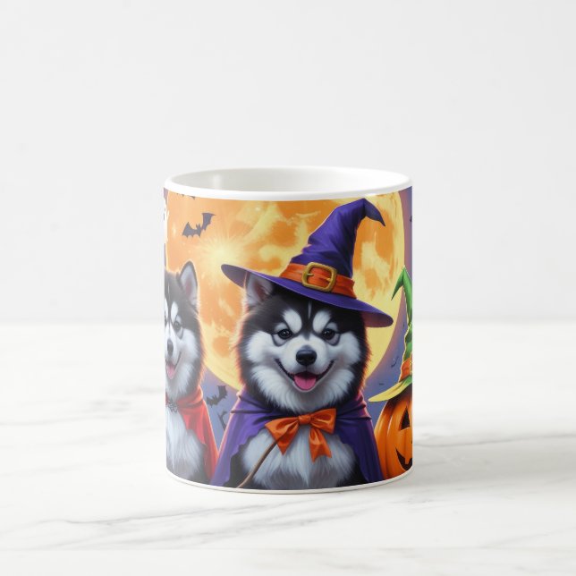 Caneca De Café Alaskan Malamute Dogs Pumpkin Halloween Engraçado (Centro)