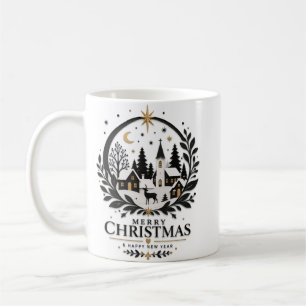 Caneca De Café Aldeia de Corte de Papel Preto e Dourado