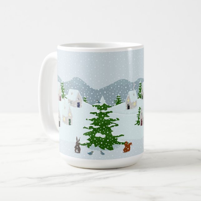 Caneca De Café Aldeia de inverno com neve, coelho, esquilo e pinh (Frente Esquerda)