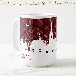 Caneca De Café Aldeia de Natal em Vermelho Rústico com Padrão de