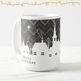 Caneca De Café Aldeia Natalícia Cinza Rústica com Padrão de Tricô