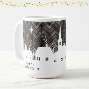 Caneca De Café Aldeia Natalícia Cinza Rústica com Padrão de Tricô