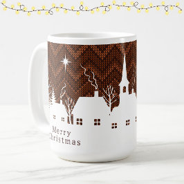 Caneca De Café Aldeia Natalícia Laranja Rústica com Padrão de Tri