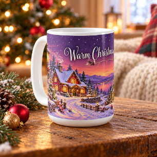 Caneca De Café Aldeia Natalícia Nevada ao Pôr do Sol