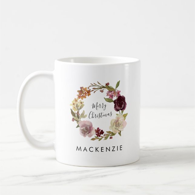 Caneca De Café Alegre Natal Aguarela Coroa de Flores Nome (Esquerda)