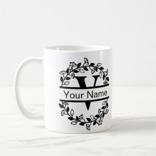 Caneca De Café Alfabeto Floral com Monograma Personalizado de Nom