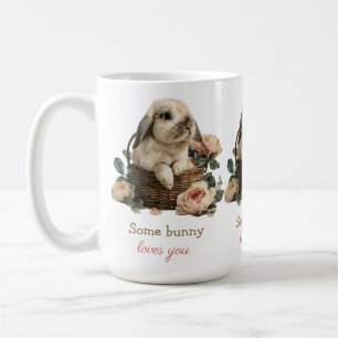 Caneca De Café Algum Coelhinho ama você em uma Cesta com Rosas