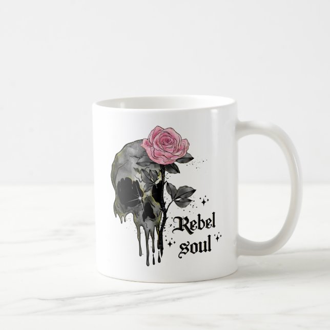 Caneca De Café Alma Rebelde - Crânio Gótico com Rosa Rosa Rosa Ro (Direita)