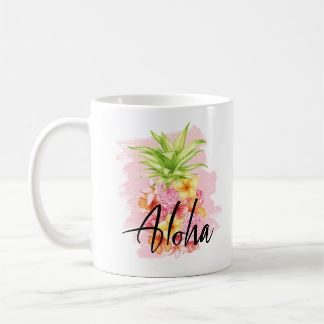 Caneca De Café Aloha Floral Abacaxi Bonito Rosa Havaí (Esquerda)