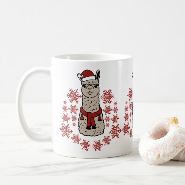 Caneca De Café Alpaca Cuta Com Flocos De Neve Vermelhos (Com Donut)