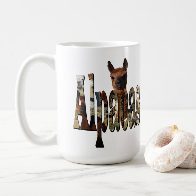 Caneca De Café Alpaca Marrom Atrás Da Palavra Alpaca, (Com Donut)