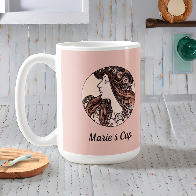 Caneca De Café Alphonse Mucha Art Nouveau Mulher De Flores Rosa (Criador carregado)