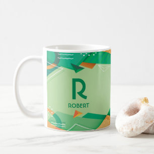 Caneca De Café Alterar Nome da Adição Inicial Verde Geométrico Q