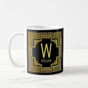 Caneca De Café Alterar Nome Inicial Linhas Geométricas Douradas V