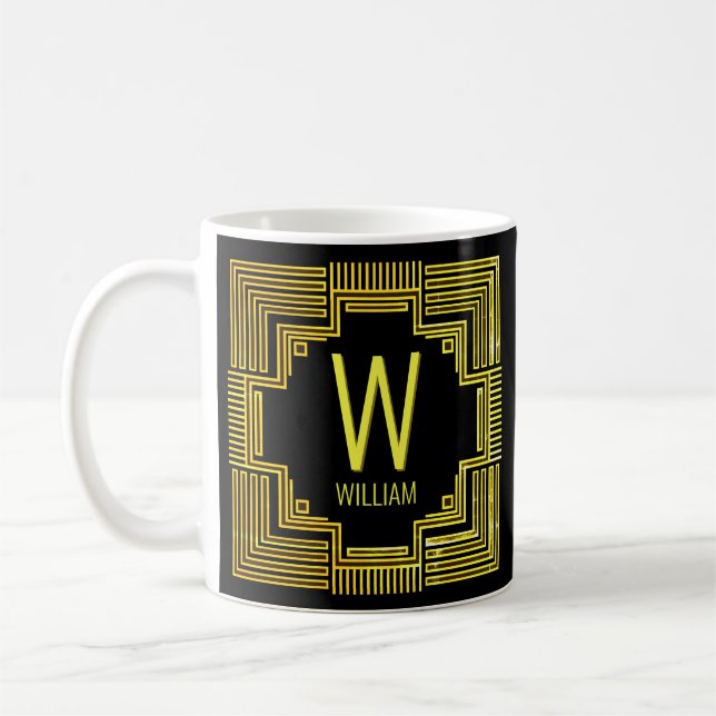 Caneca De Café Alterar Nome Inicial Linhas Geométricas Douradas V (Esquerda)