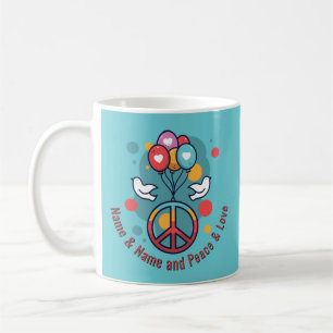 Caneca De Café Alterar Nome Texto Paz Amor Boho Hippie Doves