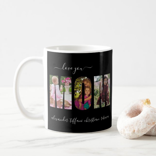 Caneca De Café Ama Você Quatro Foto Nomes Família Preto Branco (Com Donut)