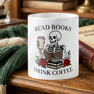 Caneca De Café Amante De Livros Bebe Café Esqueleto Engraçado Ama