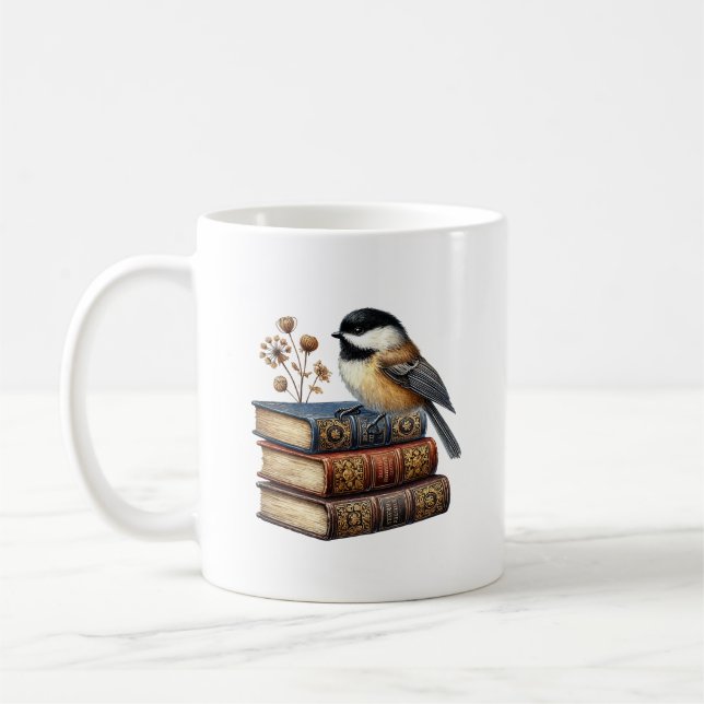 Caneca De Café Amantes de livros de pássaros de chapim fofos adic (Esquerda)