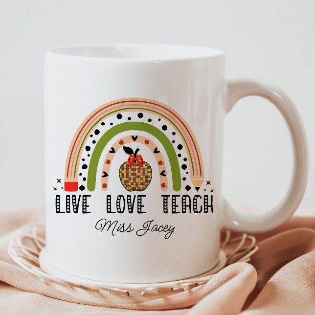 Caneca De Café Amar Ensinar Apreciação do Professor Arco-Íris (LIVE LOVE TEACH RAINBOW Personalized Name Teacher mug, teacher gift, teacher appreciation gifts mug)