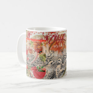 Caneca De Café Amar Pássaros Coração Colagem de Arte Vermelha