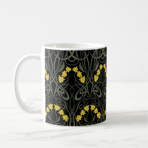 Caneca De Café Amarelo Art Nouveau Narcisos e Caules Preto