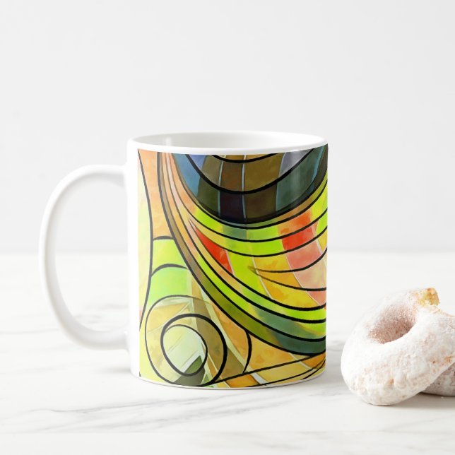 Caneca De Café Amarelo e Marrom Outono Doodle Com Linhas Pretas (Com Donut)