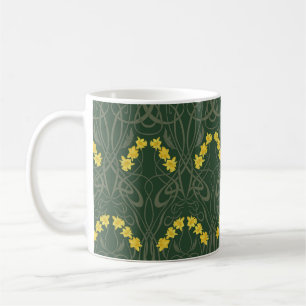 Caneca De Café Amarelos Narcisos Art Nouveau e Caules Verde