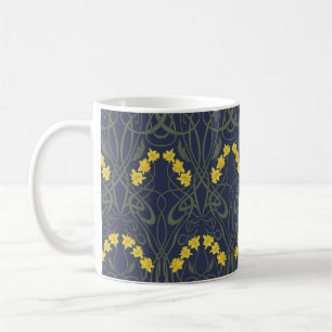 Caneca De Café Amarelos Narcisos e Caules Azul Art Nouveau