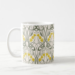 Caneca De Café Amarelos Narcisos e Caules Creme Art Nouveau