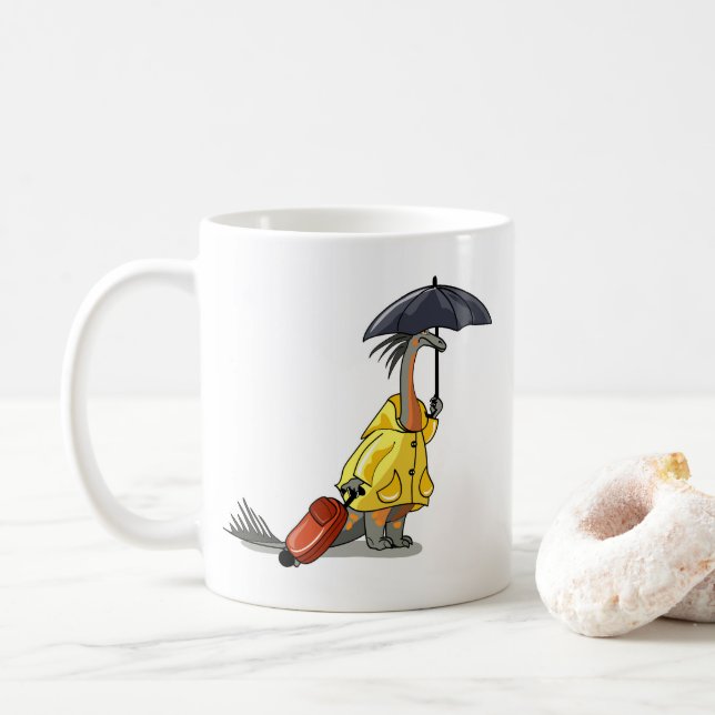 Caneca De Café Amargasaurus Segurando O Guarda-Chuva E A Mala. (Com Donut)