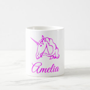 Caneca De Café Amelia ou Seu Nome Cor-de-Rosa Unicórnio Bonito
