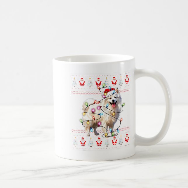 Caneca De Café American Eskimo Dog Xmas Lights Ugly Sweater Chris (Direita)