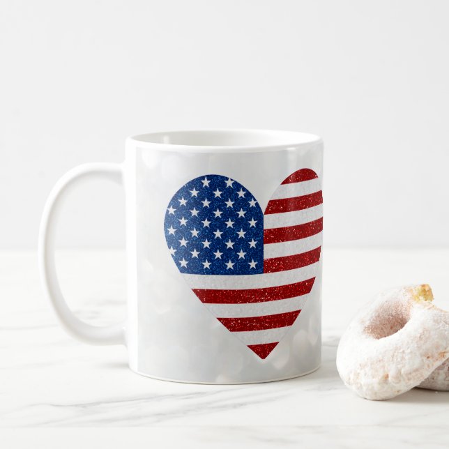 Caneca De Café American Flag Heart 4 de julho Glitter (Com Donut)
