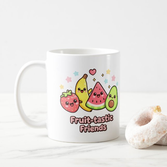 Caneca De Café Amigos Frutasticos – Design Fofo de Frutas Kawaii (Com Donut)