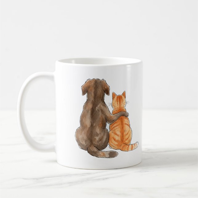 Caneca De Café Amizade de Cachorro e Gato Aquarela (Esquerda)