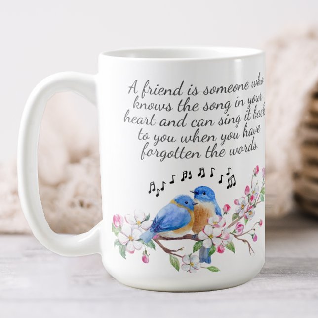 Caneca De Café Amizade Floral (A pretty floral mug decorated with birds and flowers and a quote about friendship.)