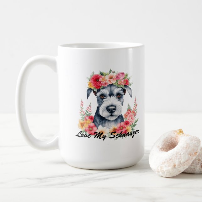 Caneca De Café Amo Meu Schnauzer Floral (Com Donut)